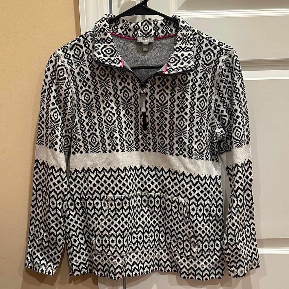 Talbots Sweater WMNS M Black White Fair-Isle Half Zip Pullover Winter Chalet Top